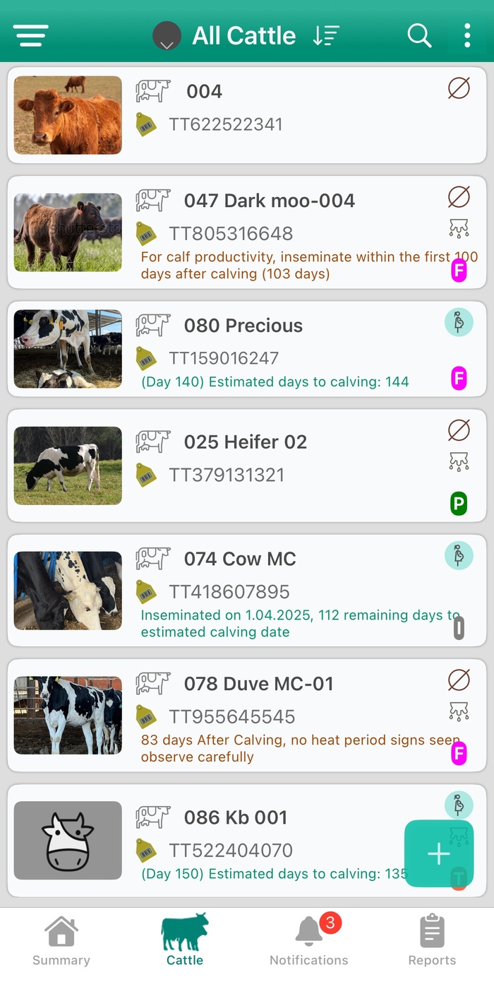 Cattle Management Application Animal List